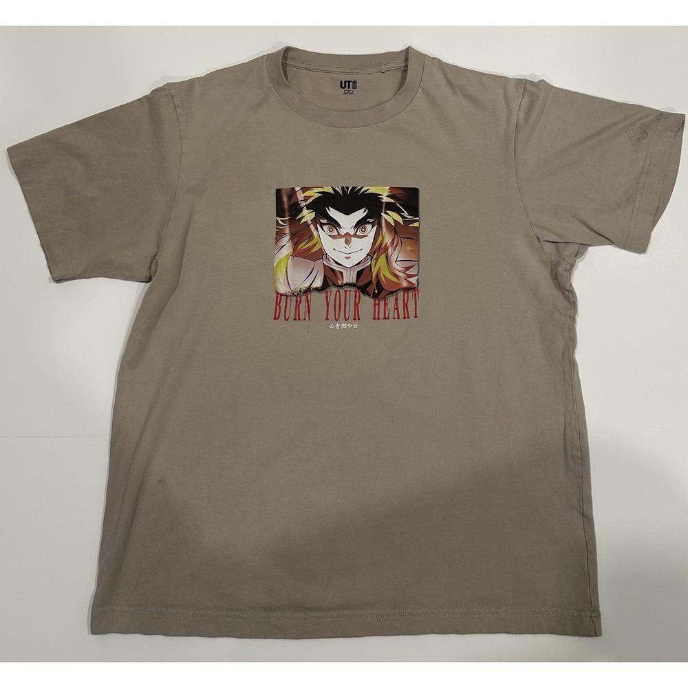 Demon Slayer Shirt Mens Medium Beige Rengoku Burn Your Heart Kimetsu Uniqlo Used